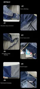 Detail view of denim tote stitching, braided strap, and internal zipper pocket