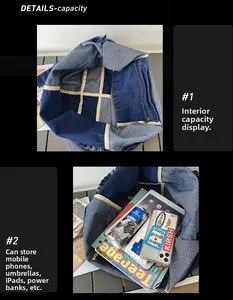 Detail view of denim patchwork tote bag with large capacity and inner zipper pocket
