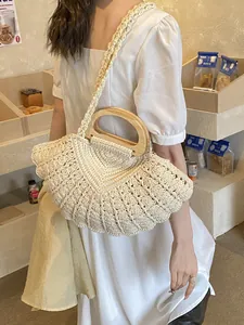 Women Hand-Woven Polycotton Shell Shaped Handbag With Wood Handle Bohemian Casual Straw Shoulder Crossbody Bag For Travel Beach