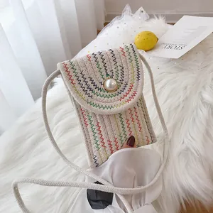 Sac de Téléphone Bandoulière en Corde de Coton Tissé Pour Femmes Avec Bouton Künstliche Perle Broderie Ondes Colorées Mini Sacoche Été
