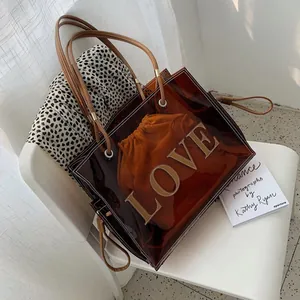 Women Large Capacity Transparent PVC Tote Bag Jelly Shoulder Sub-bag With Love Letter For Summer Beach Vacation Daily Use