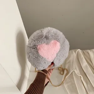 Women's Round Plush Crossbody Bag Heart Pattern Faux Fur Shoulder Bag With Gold Metal Chain Strap Fashion Handbag