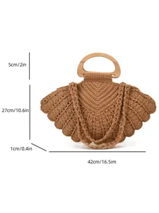 Brown woven cotton tote bag with wooden handles and shoulder strap size dimensions