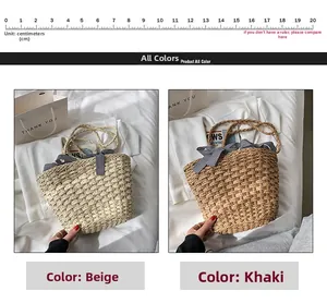 Dettaglio borsa tote in paglia intrecciata beige e kaki con fiocco decorativo a quadretti