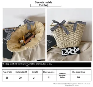 Tabella delle taglie e vista interna della borsa a secchiello in paglia intrecciata