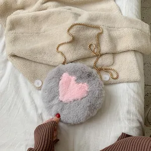 Plush heart round crossbody bag for women with golden metal chain in grey and pink