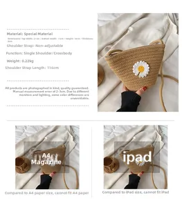 Tableau des tailles pour sac bandoulière en paille avec marguerites et tissage beige