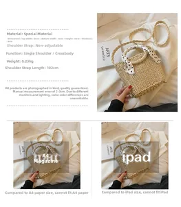 Detailed dimensions of beige straw handbag with polka dot scarf handle and dimensions