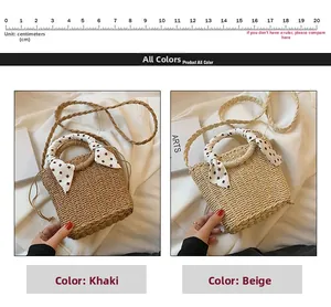 Straw tote bag detail with polka dot scarf handles and inner drawstring pouch