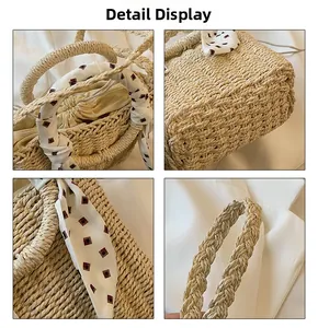 Detail showcase of beige straw bag with red polka dot scarf and drawstring closure