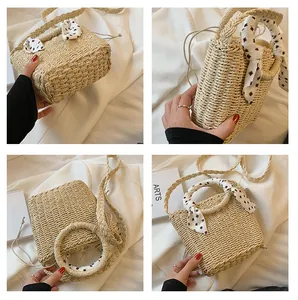 Detailed views of a straw woven handbag with geometric scarf and drawstring lining