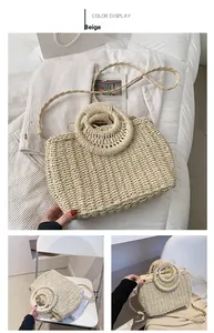 Dettaglio della borsa tote in paglia intrecciata beige con manico tondo e tracolla staccabile