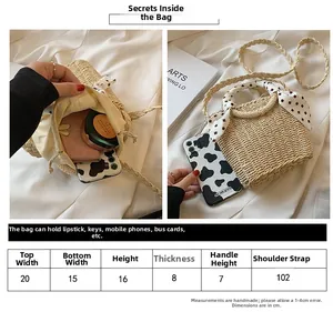 Detailed size guide and capacity chart for the woven straw handbag with dimensions