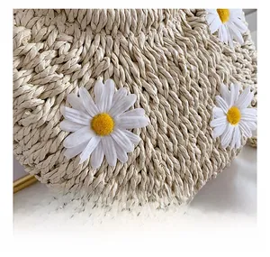 Detail of woven straw bag with white daisy flower accents and braided texture