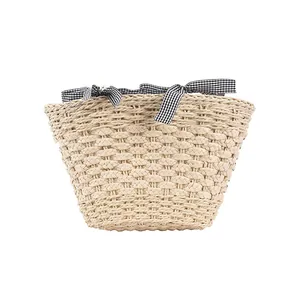 Borsa tote in paglia naturale con fiocchi a quadretti per le vacanze estive al mare
