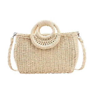 Grande borsa in paglia intrecciata beige con manici tondi per spiaggia o vacanze estive