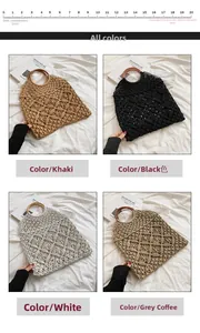 Détail de cabas tissés avec poignées rondes en bois en plusieurs couleurs et textures