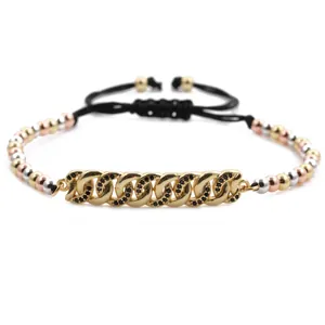 Braided tricolor metal bead bracelet with micro-paved black zircon cuban link detail