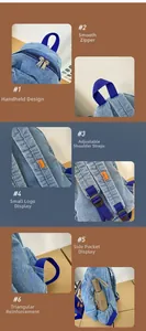 Detalles de cremalleras metálicas y costuras reforzadas en mochila de denim azul