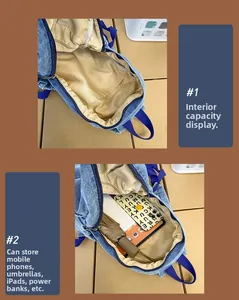 Detalle interior de la mochila de mezclilla vintage con espacio para iPad y paraguas