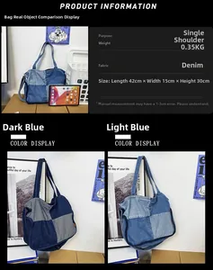 Detailansicht der großen Denim-Schultertasche mit Patchwork-Textur und Maßen