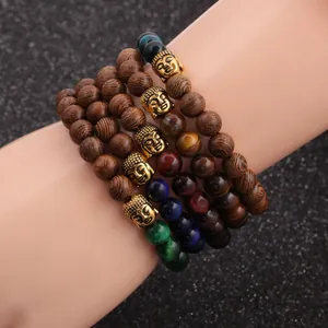 Ethnic Tiger Eye Natural Stone Wood Grain Beads Buddha Head Elastic Bracelet For Men Vintage Religious Jewelry