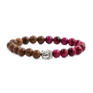 8mm tiger eye stone bracelet with wood grain beads and silver Buddha head charm