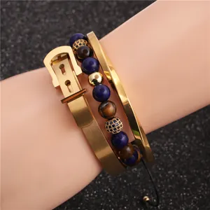Ensemble de Bracelets Joncs Torsadés en Acier Inoxydable Avec Perles Oeil de Tigre Chiffres Romains Bijoux Réglables