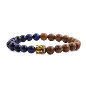 8mm Tiger Eye and Wood Bead Bracelet for Men with Golden Buddha Head Charm