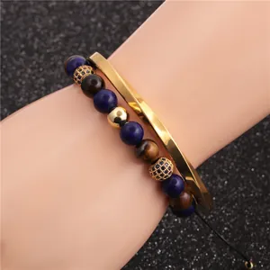 Ensemble homme : bracelet en œil de tigre 8mm et jonc torsadé en acier doré