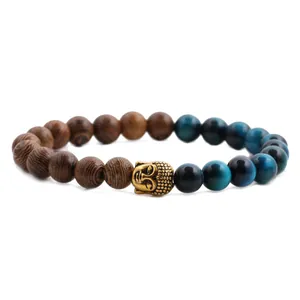 8mm tiger eye stone and wood bead bracelet with gold Buddha head charm for men and women
