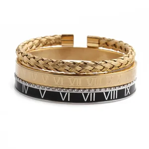 Three-piece stainless steel roman numeral bracelet set with gold plating and crystals