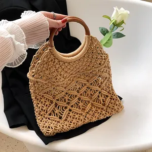 Sac à Main en Corde de Coton Tissé à la Main pour Femmes Boho Ajouré Sac de Plage d'Été Avec Poignées Rondes en Bois