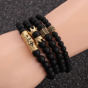 Men Matte Black Stone Beaded Bracelet With Gold Crown Cross Zirconia Ball Punk Fashion Multi-Layer Wristband Jewelry Gift