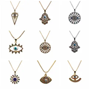 Cuadrícula de nueve collares Mano de Fátima y Ojo Turco con piedras de circonita de colores