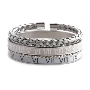 Three-piece stainless steel bracelet set with Roman numerals and twisted cable design