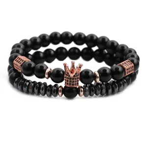 Ensemble de bracelets pour hommes en perles noires 8mm avec une couronne en or rose