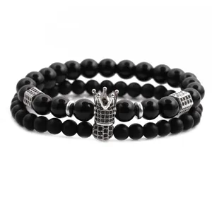 Juego de dos pulseras de cuentas negras para hombre con corona de plata y dije de columna