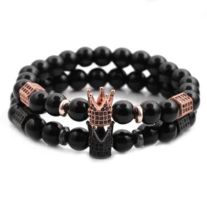 Set de bracelets pour homme en perles noires 8mm avec couronnes en zircons et or rose