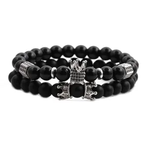 Pulsera de Cuentas Negras para Hombre Dije de Corona Piedra Natural Circonita Aleación de Cobre Espaciadores Geométricos Elástica Joyería