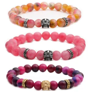 Bracelet en Acier Inoxydable Crâne Pierres d'Agate Perles Gothique Punk Pierre Naturelle Extensible pour Femmes Hommes Bijoux Cadeau