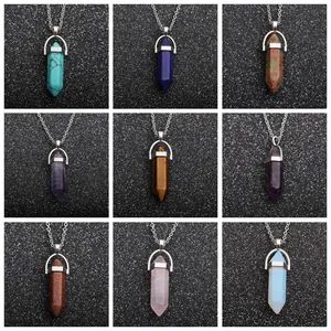 Hexagonal Prism Natural Stone Crystal Pendant Necklace Stainless Steel Box Chain Healing Point Jewelry For Women Men