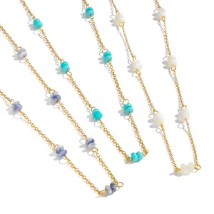 Minimalist stainless steel necklaces with natural stone beads in turquoise and grey