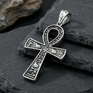 Pendentif Ankh égyptien hip-hop en argent vintage avec gravures de hiéroglyphes