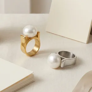 Shell Artificial Pearl Ring Stainless Steel Geometric Thick Band Minimalist Exaggerated Fashion Jewelry For Women