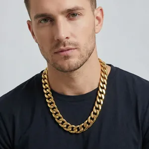 Close-up of 15mm gold Cuban link chain necklace on model showing heavy metal texture