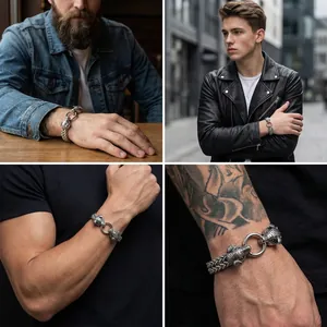 Detail shot of men's vintage steel bracelet with wild boar heads on male models