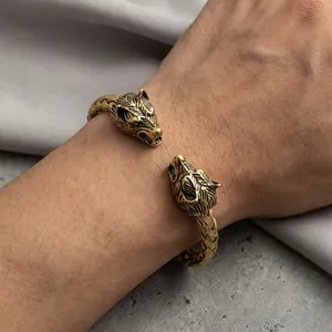 Vintage wolf head open cuff bracelet for men with woven stainless steel punk texture