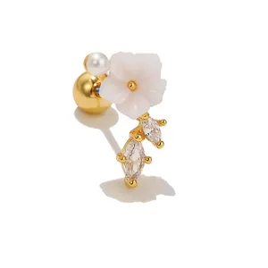18k gold shell flower cartilage stud earring with pearl and zircon accents