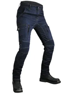Slim fit dark blue Cordura motorcycle jeans with cargo pockets and stretch knee panels